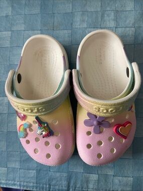 CROCS Kids Pastel Rainbow Clogs with Glitter & Charms - Pink, Yellow, Green